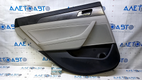 Door trim card rear left Hyundai Sonata 15-17 black with gray insert leather, armrest gray leather, molding carbon structure, scuffs, pokes, scratches, abrasions