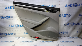 Door trim card rear left VW Passat b8 16-19 USA gray with gray insert leather, armrest gray leather, molding dark wood gloss, scuffs, scratches, nicks