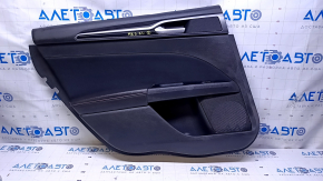 Door trim card rear left Ford Fusion mk5 17-19 black leather with black cloth insert, red stitching, armrest black leather, molding gray structure with black gloss, dents, bumps, abrasions, ca