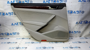 Door trim card rear left VW Passat b7 12-15 USA gray with gray insert leather, armrest gray leather, molding dark wood gloss, scratches, abrasions, scuffs, pokes