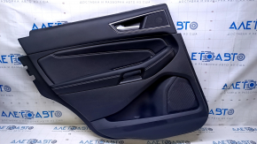 Door trim card rear left Ford Edge 19-23 black Titanium, insert and armrest black leather, white stitching, dent, bump, scuff, scratches, abrasions