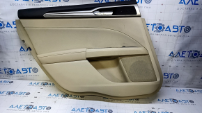 Door trim card rear left Ford Fusion mk5 13-16 beige with beige insert cloth, armrest beige leather, molding gray structure, dent, abrasions, scratches, pokes, whitened plastic