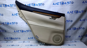 Door trim card rear left Lexus ES300h ES350 13-18 beige with beige insert leather, armrest beige leather, molding under wood gloss, dents, abrasions, scratches, whitened plastic