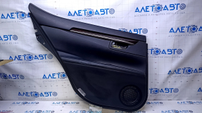 Door trim card rear left Lexus ES300h ES350 13-18 black with black insert leather, armrest black leather, molding dark wood gloss, dents, scuffs, dented leather, abrasions, scratches