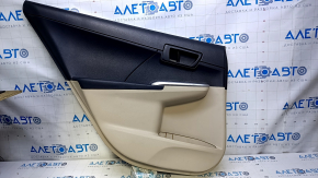 Door trim card rear left Toyota Camry v50 12-14 usa beige with black insert plastic, armrest black rubber, scratches, abrasions, whitened plastic