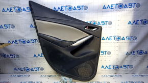Door trim card rear left Mazda 6 13-15 Touring black gray insert leather, armrest black leather, molding gray gloss, dent, bump, abrasions, scratches