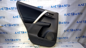 Door trim card rear left Toyota Rav4 13-18 black with black insert cloth, armrest black cloth, molding gray structure, carbon fiber trim, scuffs, scratches, nicks