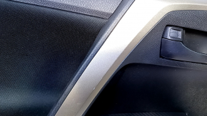 Door trim card rear left Toyota Rav4 13-18 black with black insert cloth, armrest black cloth, molding gray structure, carbon fiber trim, scuffs, scratches, nicks