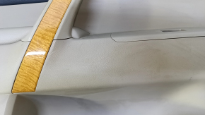 Door trim card rear left Toyota Highlander 08-13 beige with black insert leather, armrest beige leather, JBL, handle molding light wood, plastic turned white, scratches, scuffs, abrasions