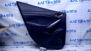 Door trim card rear left Mazda 6 13-15 grand touring black with black insert leather, armrest black leather red stitching, molding gray gloss, pokes, dents, scratches, abrasions