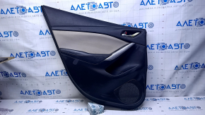 Door trim card rear left Mazda 6 13-15 Touring black gray insert cloth, armrest black leather, molding gray gloss, dent, bump, abrasions, scratches