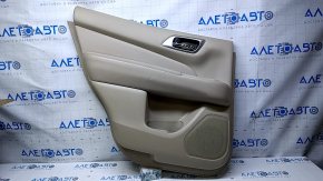 Door trim card rear left Nissan Pathfinder 13-20 beige with beige insert leather, armrest beige leather, molding handle gray structure, abrasions, scratches, dents, whitened plastic