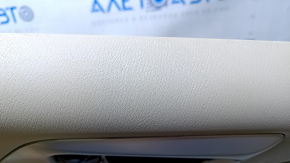 Door trim card rear left Nissan Pathfinder 13-20 beige with beige insert leather, armrest beige leather, molding handle gray structure, abrasions, scratches, dents, whitened plastic