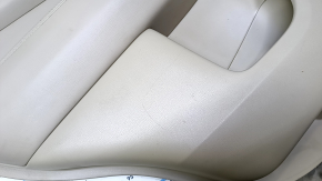 Door trim card rear left Nissan Pathfinder 13-20 beige with beige insert leather, armrest beige leather, molding handle gray structure, abrasions, scratches, dents, whitened plastic