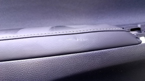 Door trim card rear left Nissan Sentra 13-19 black with black insert cloth, armrest black leather, scuffs, dent, scratches