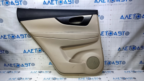 Door trim card rear left Nissan Rogue 14-20 beige with beige insert plastic, armrest beige leather, molding carbon glossy, scratches, abrasions, scuffs