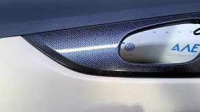 Door trim card rear left Nissan Rogue 14-20 beige with beige insert plastic, armrest beige leather, molding carbon glossy, scratches, abrasions, scuffs
