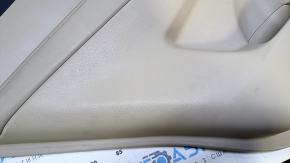 Door trim card rear left Nissan Rogue 14-20 beige with beige insert plastic, armrest beige leather, molding carbon glossy, scratches, abrasions, scuffs