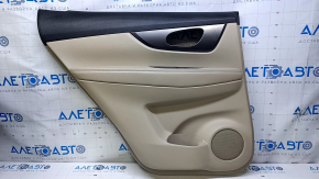 Door trim card rear left Nissan Rogue 14-20 beige with beige insert plastic, armrest beige leather, molding graphite gloss, scratches, abrasions, whitened plastic