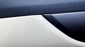 Door trim card rear left Nissan Rogue 14-20 beige with beige insert plastic, armrest beige leather, molding graphite gloss, scratches, abrasions, whitened plastic