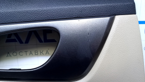 Door trim card rear left Nissan Rogue 14-20 beige with beige insert plastic, armrest beige leather, molding graphite gloss, scratches, abrasions, whitened plastic