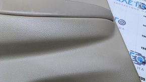 Door trim card rear left Nissan Rogue 14-20 beige with beige insert plastic, armrest beige leather, molding graphite gloss, scratches, abrasions, whitened plastic