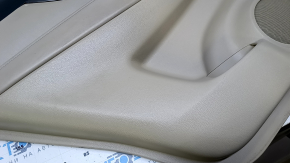 Door trim card rear left Nissan Rogue 14-20 beige with beige insert plastic, armrest beige leather, molding graphite gloss, scratches, abrasions, whitened plastic