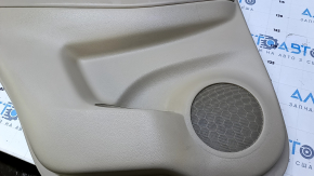 Door trim card rear left Nissan Rogue 14-20 beige with beige insert plastic, armrest beige leather, molding graphite gloss, scratches, abrasions, whitened plastic
