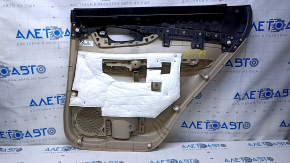 Door trim card rear left Nissan Rogue 14-20 beige with beige insert plastic, armrest beige leather, molding graphite gloss, scratches, abrasions, whitened plastic