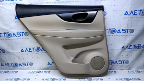 Door trim card rear left Nissan Rogue 14-20 beige with beige insert plastic, armrest beige leather, molding carbon glossy, scratches, abrasions, scuffs, dents