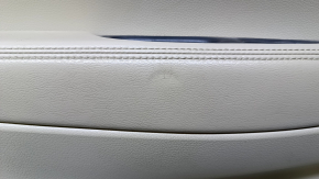 Door trim card rear left Nissan Rogue 14-20 beige with beige insert plastic, armrest beige leather, molding carbon glossy, scratches, abrasions, scuffs, dents