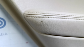Door trim card rear left Nissan Rogue 14-20 beige with beige insert plastic, armrest beige leather, molding carbon glossy, scratches, abrasions, scuffs, dents