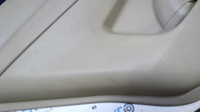 Door trim card rear left Nissan Rogue 14-20 beige with beige insert plastic, armrest beige leather, molding carbon glossy, scratches, abrasions, scuffs, dents