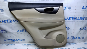 Door trim card rear left Nissan Rogue 14-20 beige with beige insert plastic, armrest beige leather, molding graphite gloss, scratches, abrasions, dent