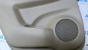 Door trim card rear left Nissan Rogue 14-20 beige with beige insert plastic, armrest beige leather, molding graphite gloss, scratches, abrasions, dent