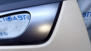 Door trim card rear left Nissan Rogue 14-20 beige with beige insert plastic, armrest beige leather, molding graphite gloss, scratches, abrasions, dent