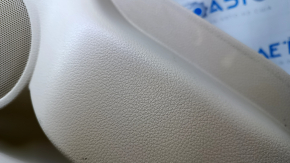 Door trim card rear left Nissan Rogue 14-20 beige with beige insert plastic, armrest beige leather, molding graphite gloss, scratches, abrasions, dent