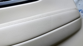 Door trim card rear left Nissan Rogue 14-20 beige with beige insert plastic, armrest beige leather, molding graphite structure, scratches, abrasions, dent