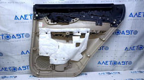 Door trim card rear left Nissan Rogue 14-20 beige with beige insert plastic, armrest beige leather, molding graphite structure, scratches, abrasions, dent