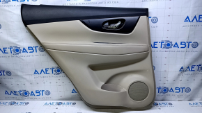 Door trim card rear left Nissan Rogue 14-20 beige with beige insert plastic, armrest beige leather, molding graphite structure, scratches, abrasions, whitened plastic