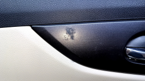 Door trim card rear left Nissan Rogue 14-20 beige with beige insert plastic, armrest beige leather, molding graphite structure, scratches, abrasions, whitened plastic