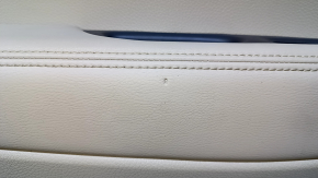 Door trim card rear left Nissan Rogue 14-20 beige with beige insert plastic, armrest beige leather, molding graphite structure, scratches, abrasions, whitened plastic