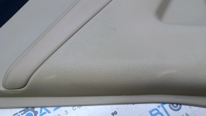Door trim card rear left Nissan Rogue 14-20 beige with beige insert plastic, armrest beige leather, molding graphite structure, scratches, abrasions, whitened plastic
