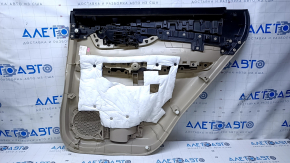 Door trim card rear left Nissan Rogue 14-20 beige with beige insert plastic, armrest beige leather, molding graphite structure, scratches, abrasions, whitened plastic