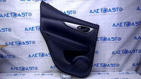 Door trim card rear left Nissan Rogue Sport 17-19 black with black insert plastic, armrest black leather, molding graphite structure, handle black matte, scuffs, scratches, dents