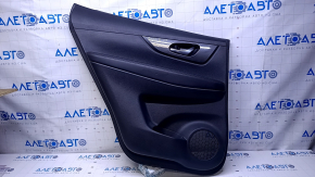 Door trim card rear left Nissan Rogue 14-20 black with black insert plastic, armrest black leather, molding graphite gloss, scratches, abrasions, bump