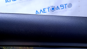 Door trim card rear left Nissan Rogue 14-20 black with black insert plastic, armrest black leather, molding graphite gloss, scratches, abrasions, bump