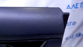 Door trim card rear left Nissan Rogue 14-20 black with black insert plastic, armrest black leather, molding graphite gloss, scratches, abrasions, bump