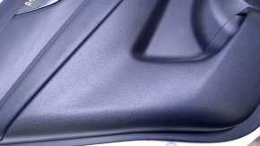 Door trim card rear left Nissan Rogue 14-20 black with black insert plastic, armrest black leather, molding graphite gloss, scratches, abrasions, bump