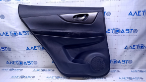 Door trim card rear left Nissan Rogue 14-20 black with black insert plastic, armrest black leather, molding graphite structure, scratches, abrasions, dents